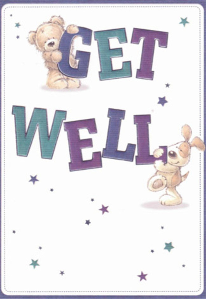 This beautifully rendered get well card evokes a sense of gentle encouragement, as if crafted with the same tender care found at a favorite Hampton Hill flower shop. Adorable illustrations of a teddy bear and a floppy-eared puppy take center stage, their soft, textured fur and sparkling, hopeful eyes creating a scene that is almost tangible. Playful starbursts in subtle gradients of plum, sapphire, and turquoise twinkle above and around the duo, resembling well-wishes floating through the air-echoes of kindness exchanged by neighbors or park-goers in the community. The bold lettering-confident strokes in jewel-toned purples and aquas-gives weight and warmth to the get well message, ensuring it leaps forth with reassuring clarity. The creamy background is clean and inviting, allowing the characters and message to shine with gentle vibrancy. The entire card reminds me of preparing a bouquet in Hampton Hill, each petal selected to encourage and uplift, every stem placed with love. The scene is infused with lightness and hope, providing solace that feels both innocent and profoundly rooted in sincere care-making this card perfect for sending comfort and strength to friends and loved ones across the area, whether nestled near Bushy Park or along Uxbridge Road.